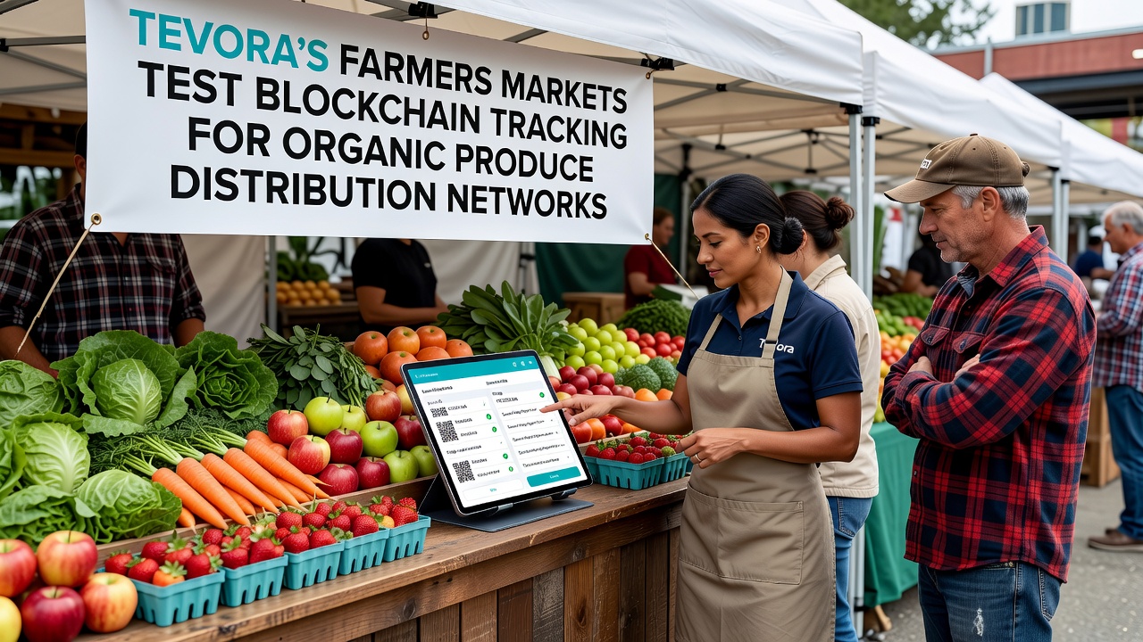 Close-up of blockchain-enabled QR code on organic vegetable packaging at a Tevora market stall